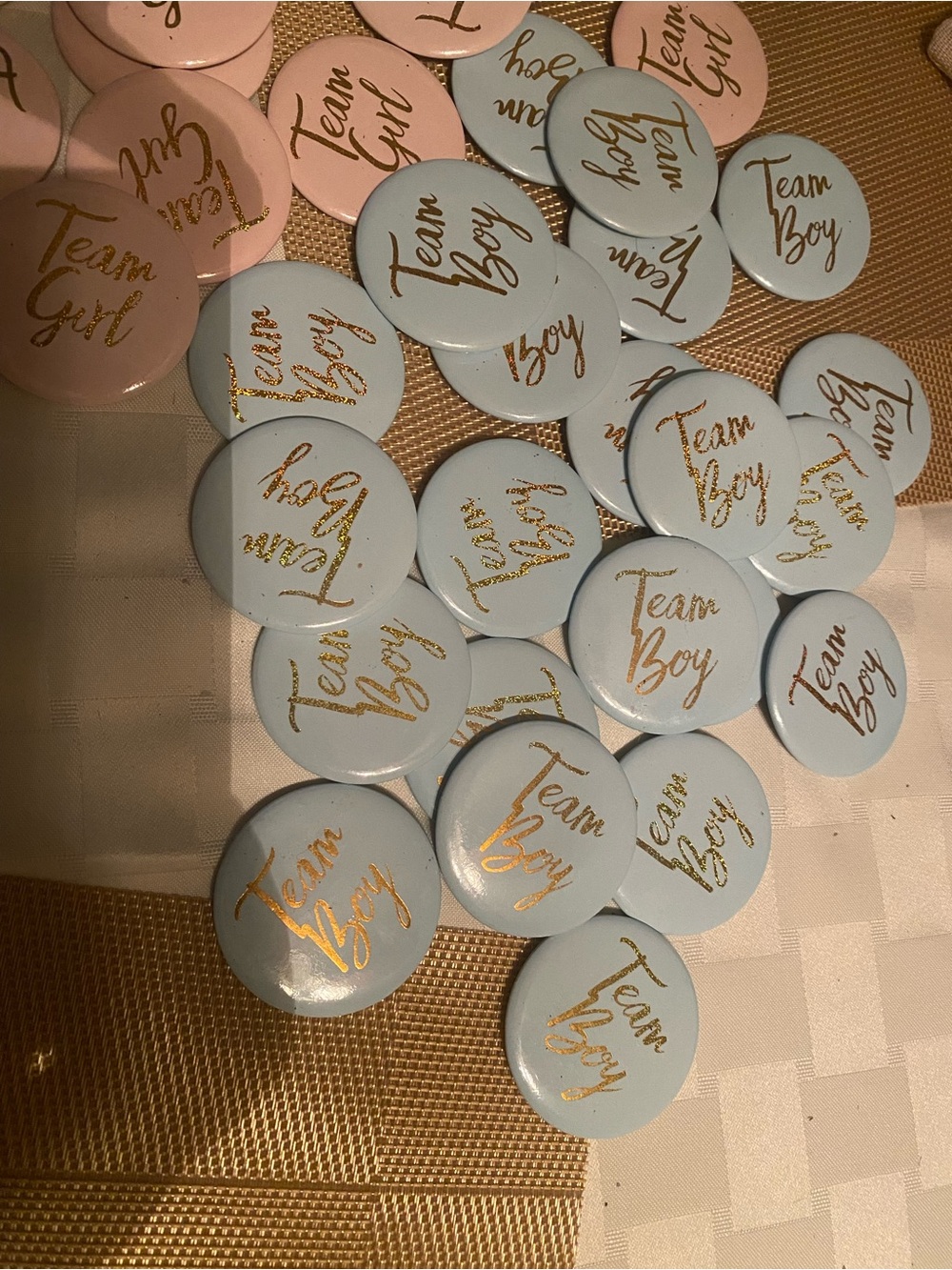Team Boy Blue Gender Reveal Buttons - Gold Script